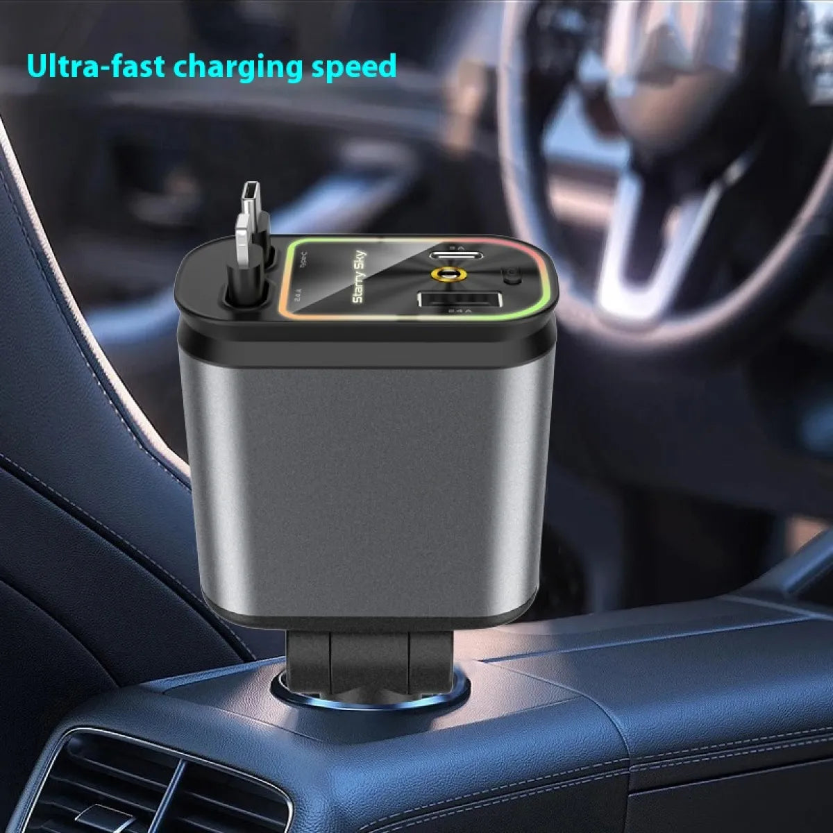 Cargador de Teléfono Móvil para Coche Cuatro en Uno Multifunción con Doble Línea Telescópica