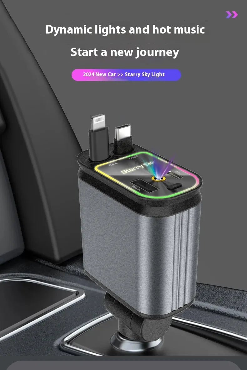 Cargador de Teléfono Móvil para Coche Cuatro en Uno Multifunción con Doble Línea Telescópica